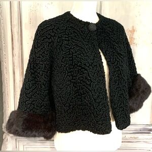 Vtg. Black Persian Lamb Mink Fur Cuff Crop Jacket *Sz S/M